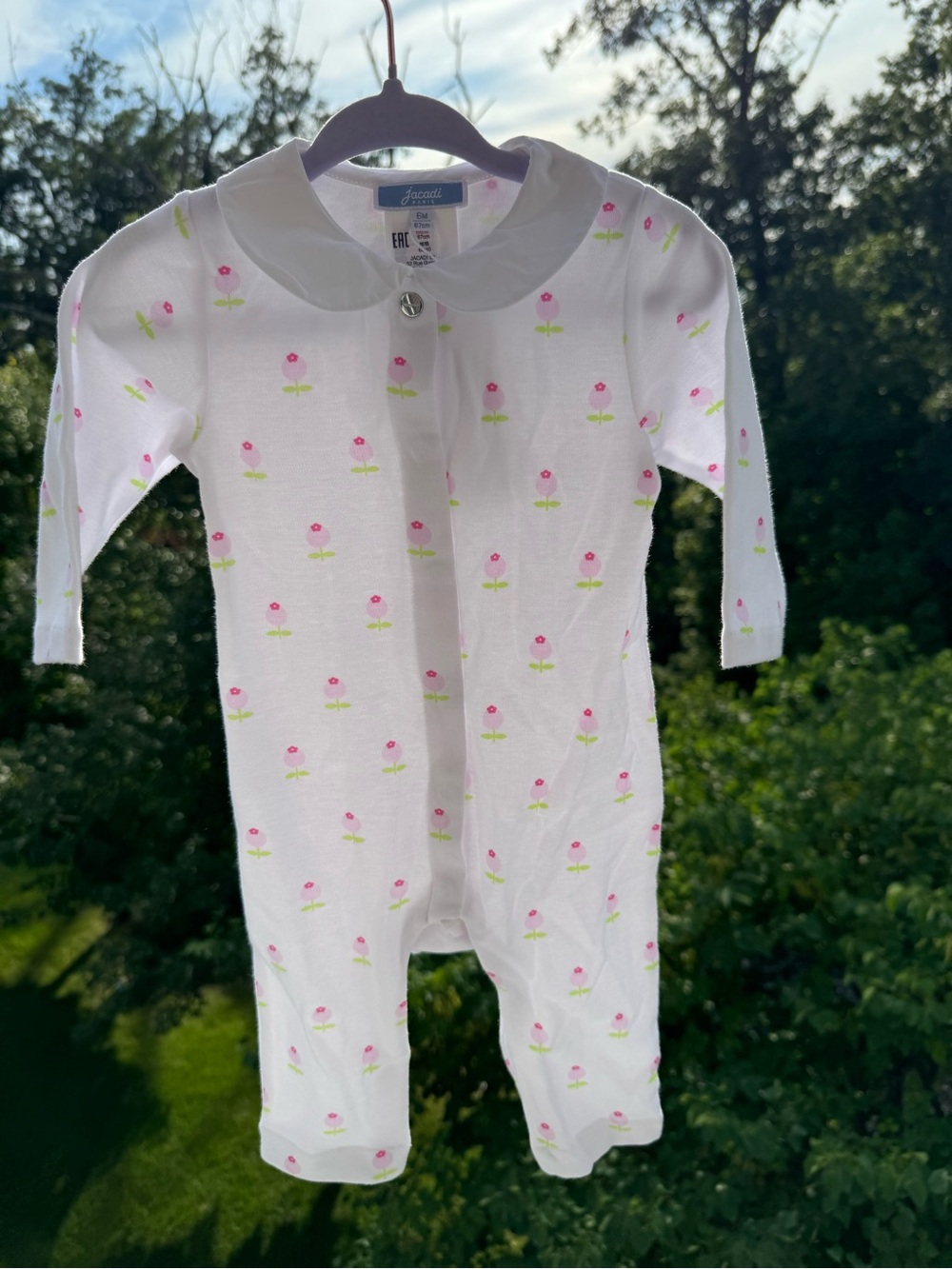 Jacadi White Long Sleeve Top with Pink Floral Print and Peter Pan Collar